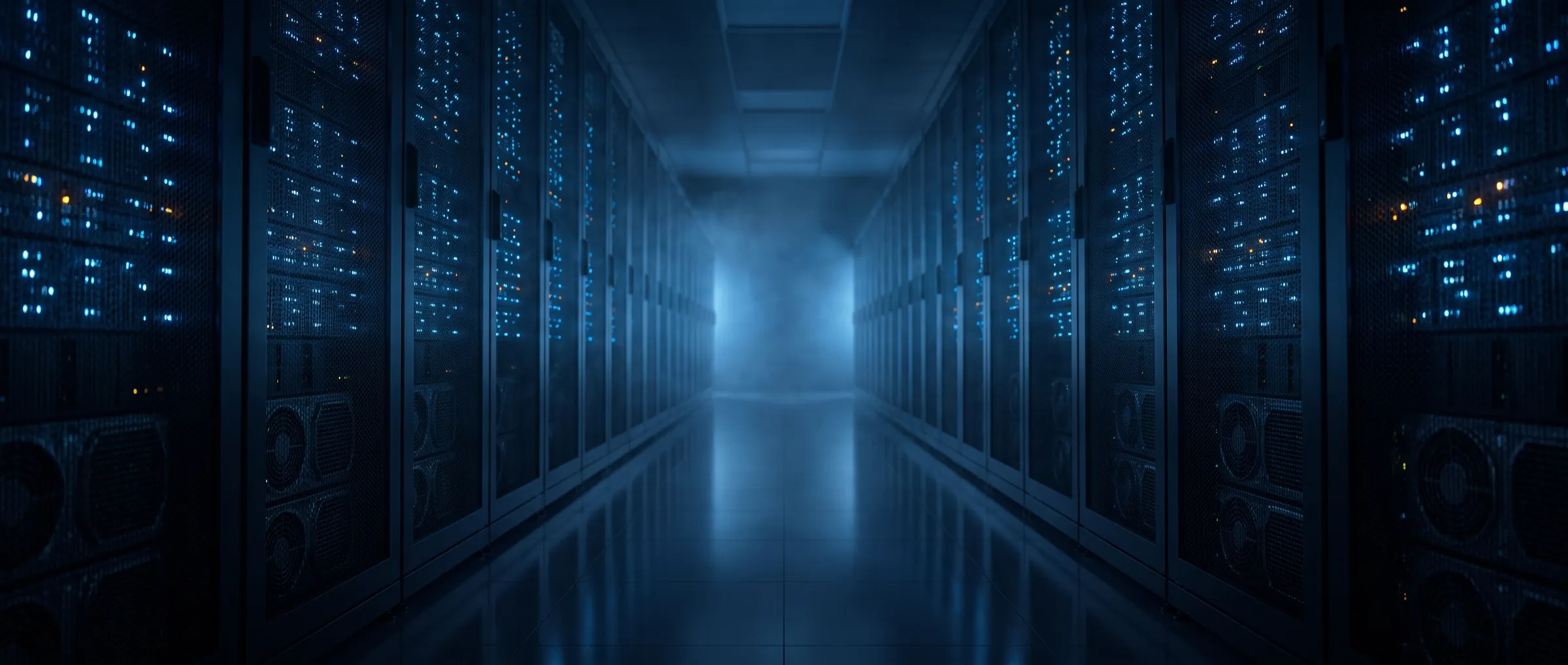 Corredor de data center à noite, com as fileiras de racks se perdendo ao fundo