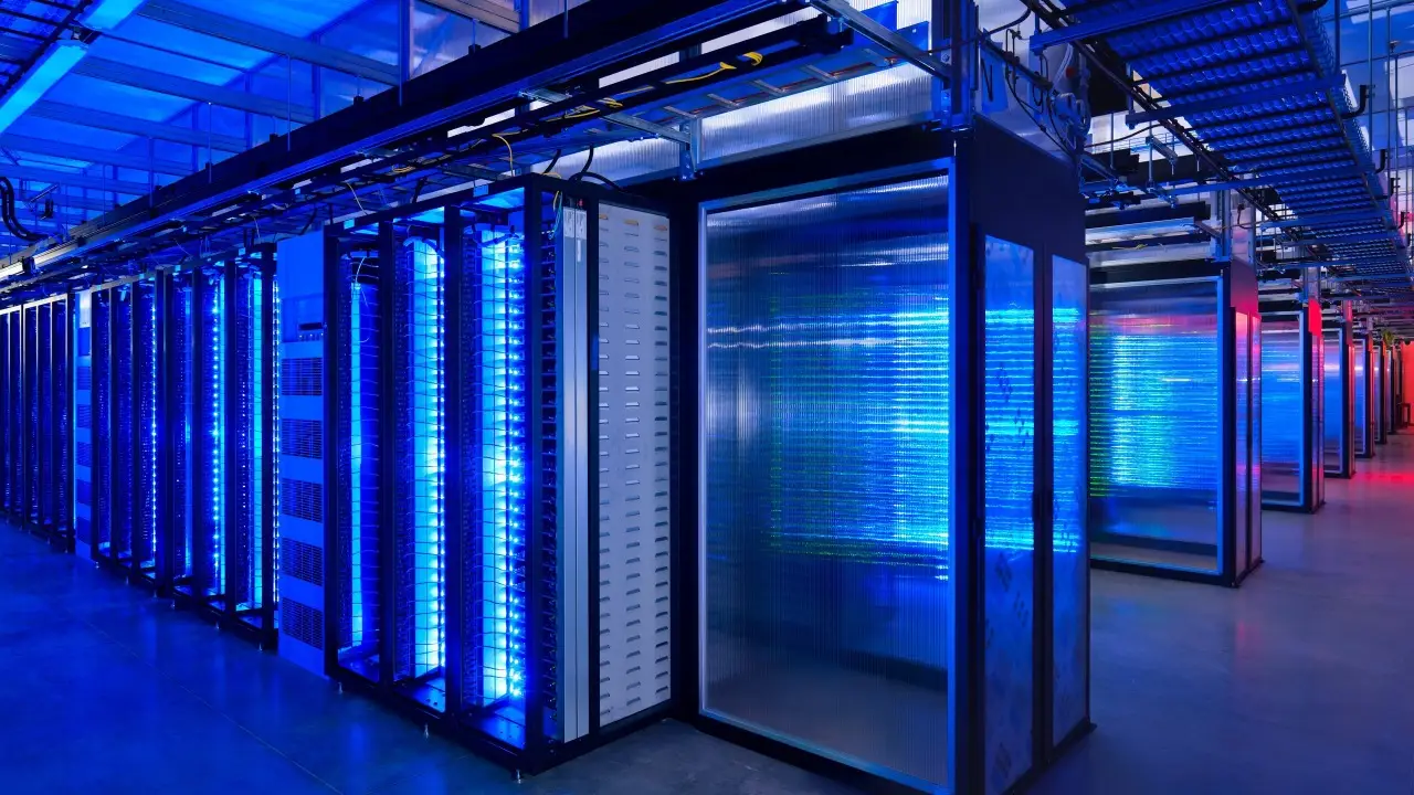 Corredor de datacenter com racks de servidores em operação