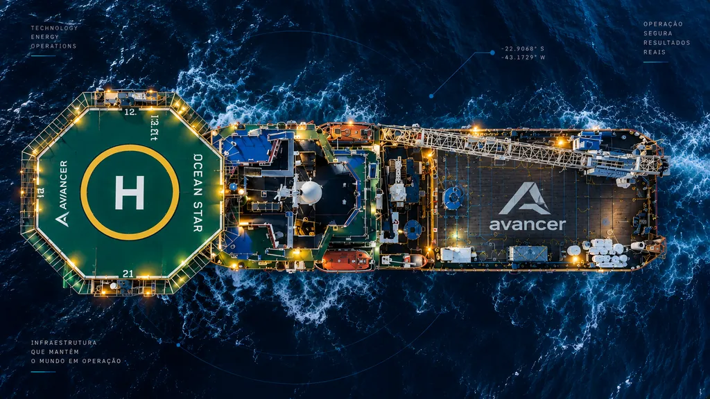 Embarcação de apoio marítimo offshore vista do alto, com heliponto identificado 'H', casco nomeado Ocean Star e a marca Avancer aplicada ao convés