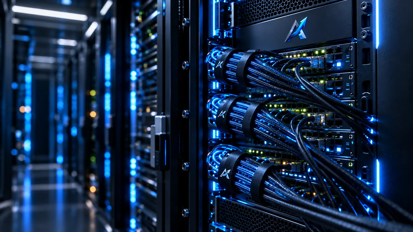 Corredor de datacenter; à direita, um rack da Avancer com três feixes de cabos organizados e switches com LEDs acesos