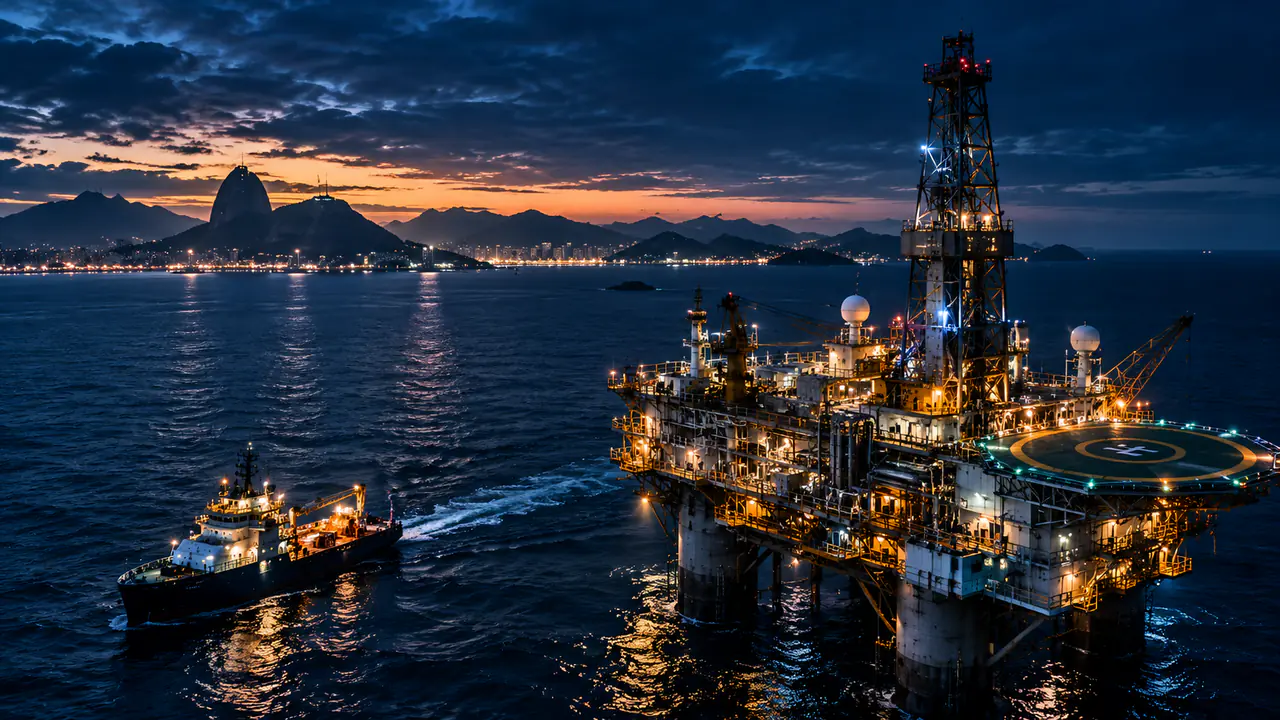 Plataforma offshore iluminada ao anoitecer, com uma embarcação de apoio ao lado e, ao fundo, a silhueta do Pão de Açúcar e as luzes do Rio de Janeiro